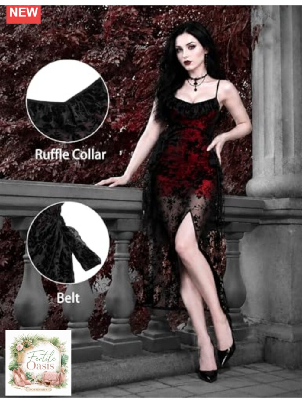 Victorian Gothic Dress Black Red Floral Lace Vampire Goth Dress - Picture 5 of 6